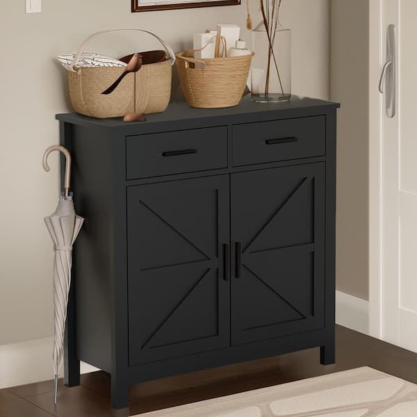 32 in. W x 11 in. D x 32 in. H Black Linen Cabinet, Storage Cabinet with 2 Drawers & 2 Doors for Bathroom/Living/Bedroom