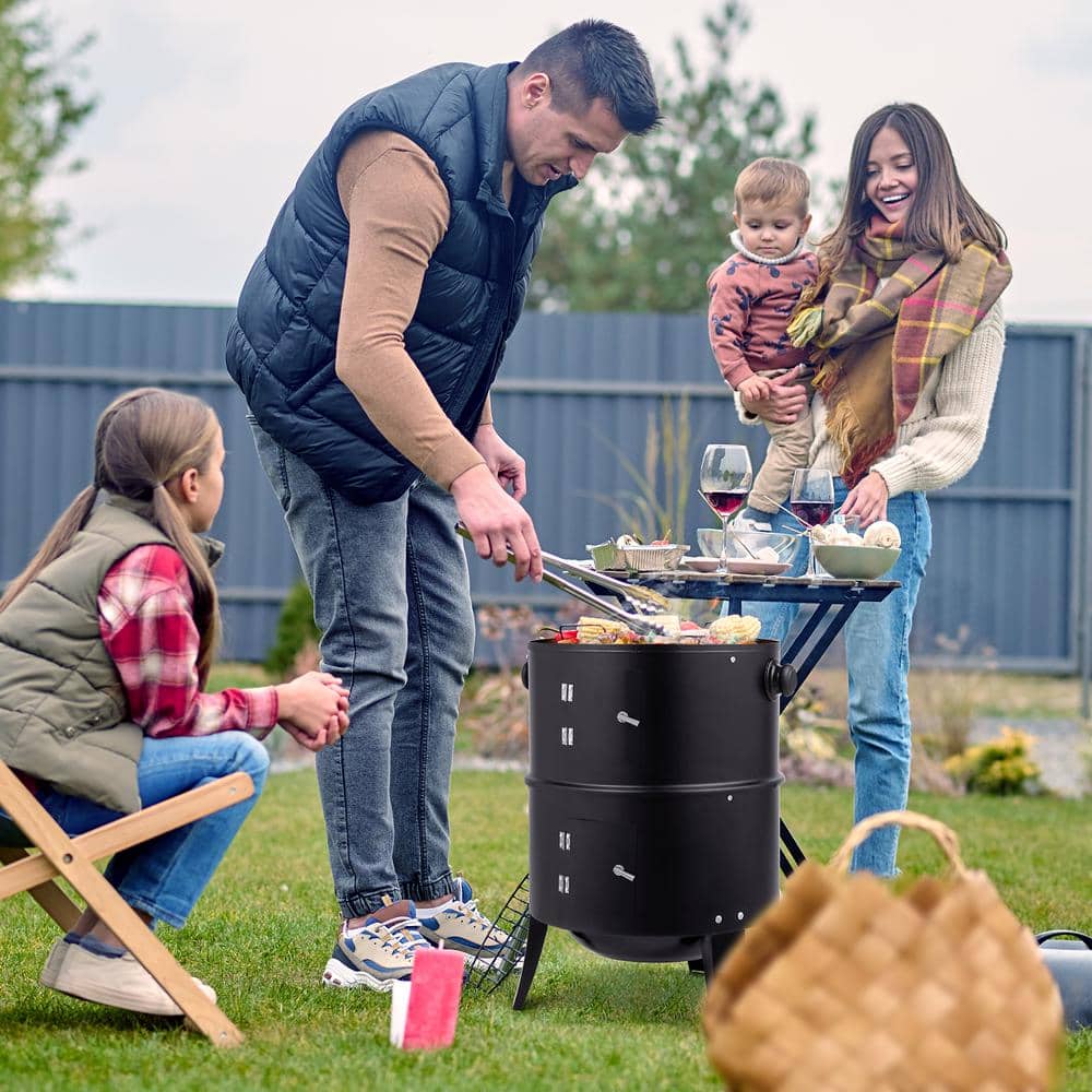 Black Vertical Charcoal Smoker Grill with Thermometer