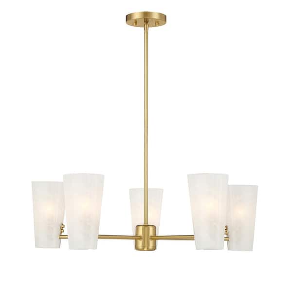 Savoy House Meridian 30 in. W x 8.25 in. H 5-Light Natural Brass Mid-Century Modern Chandelier with White Strie Glass Shades