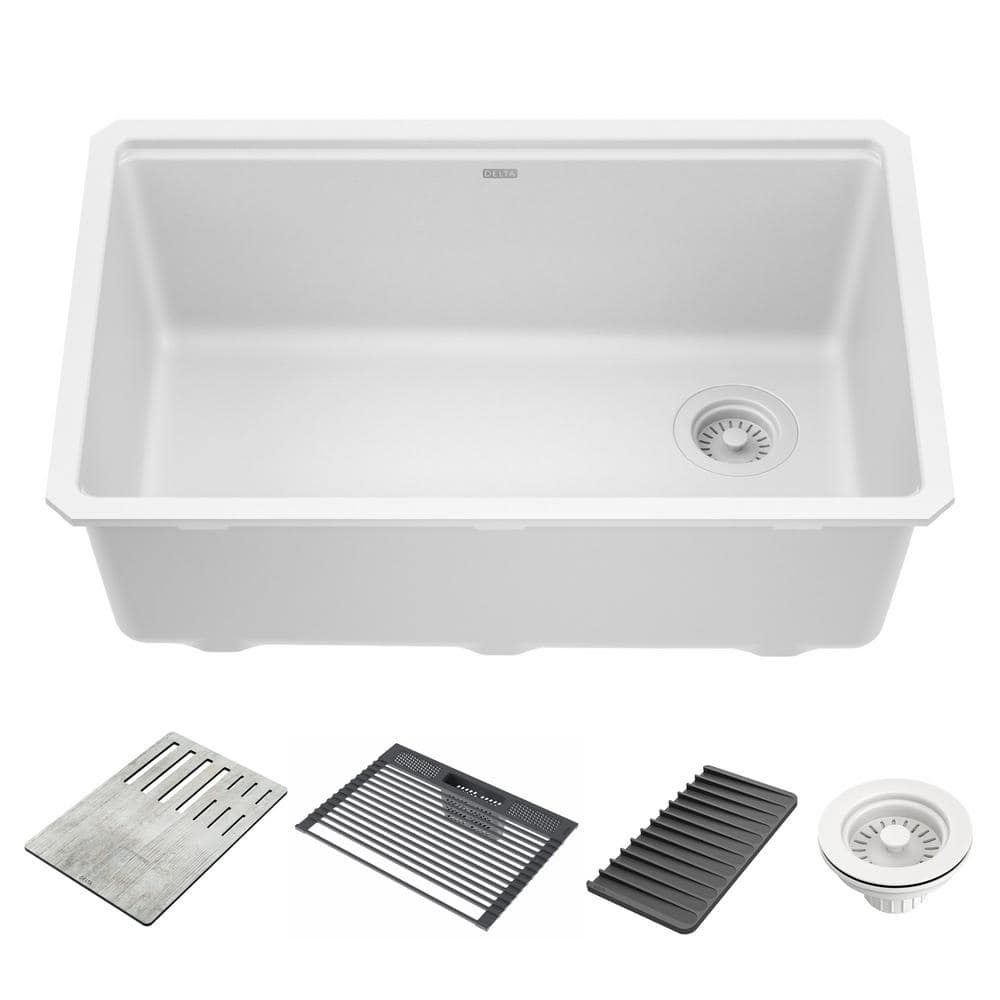 Delta Everest White Granite Composite 30 in. Single Bowl Undermount  Workstation Kitchen Sink with Accessories 75B933-30S-WH The Home Depot