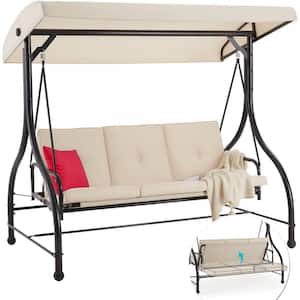 3-Person Metal Outdoor Patio Swing Canopy Hammock with Beige Cushions