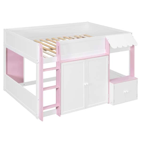 Nestfair White and Pink Full Loft Bed with Storage BLALH174H - The 