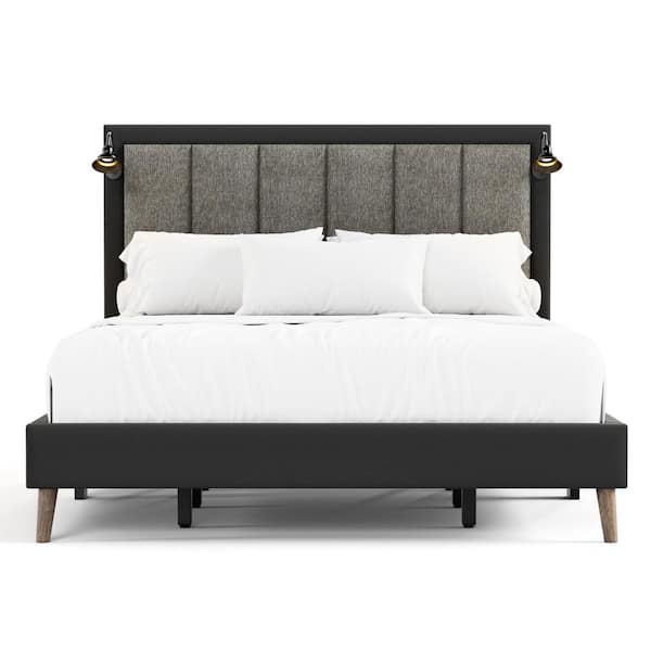 Thease Brown Wood Frame Queen Panel Bed with LED on Channel Padded Headboard