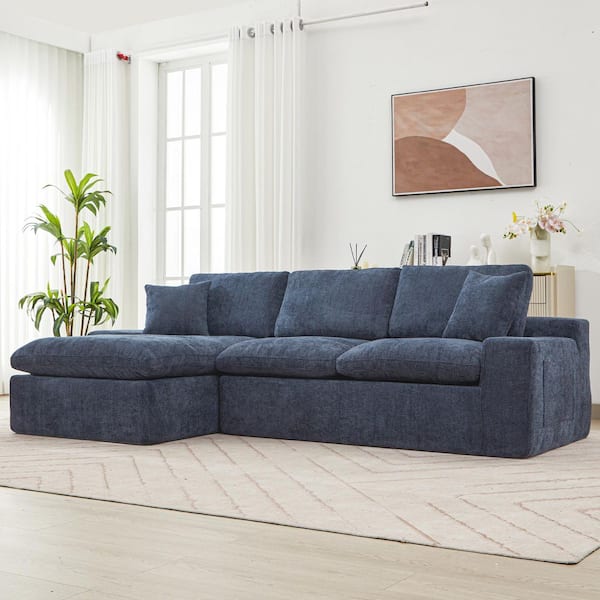 Noble House Vivianne 107.9 in Chenille Upholstered Modular Cloud Sectional Sofa in. Blue, Double-layer Cushion, Side Pockets