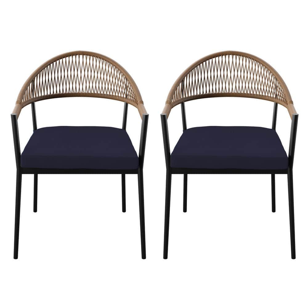 Outdoor Dining Armchairs with Navy Blue Cushions (Set of 2)