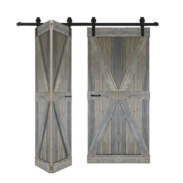 ISLIFE K Style 60 in. x 80 in. (15 in. x 80 in. x 4 Panels) Aged Barrel Solid Wood Bi-Fold Door W/ Hardware Kit-Assembly Needed