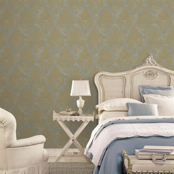 Damask Wallpaper in Blue, Beige and Gold