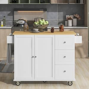 White Solid Wood 52.7 in. Kitchen Island with Drawers and Drop-Leaf