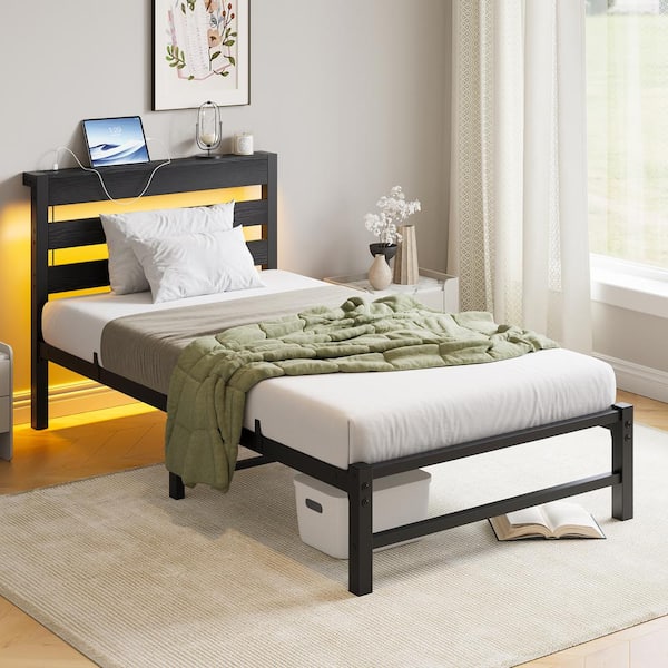 Black Metal Frame Twin Size Platform Bed Frame with LED Headboard and USB Charge Station, No Box Spring Needed