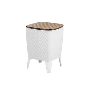 7 . 7 Gal. Resin Rattan Square 22.8 in. H Outdoor Cooler Patio Table in White and Teak Brown
