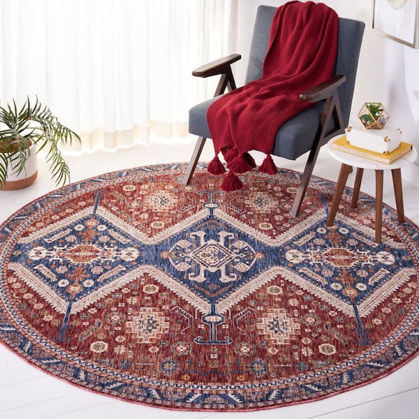 Heirloom 7 ft. x 7 ft. Navy/Rust Border Distressed Round Area Rug