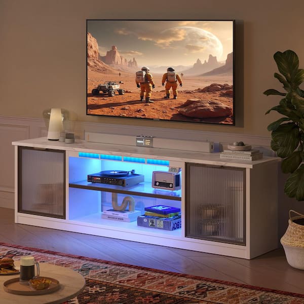 57 in. White Marble High-Tech TV Stand Fits TV Up to 32 to 60 in. Entertainment Center with RGB Sound Reactive Lights