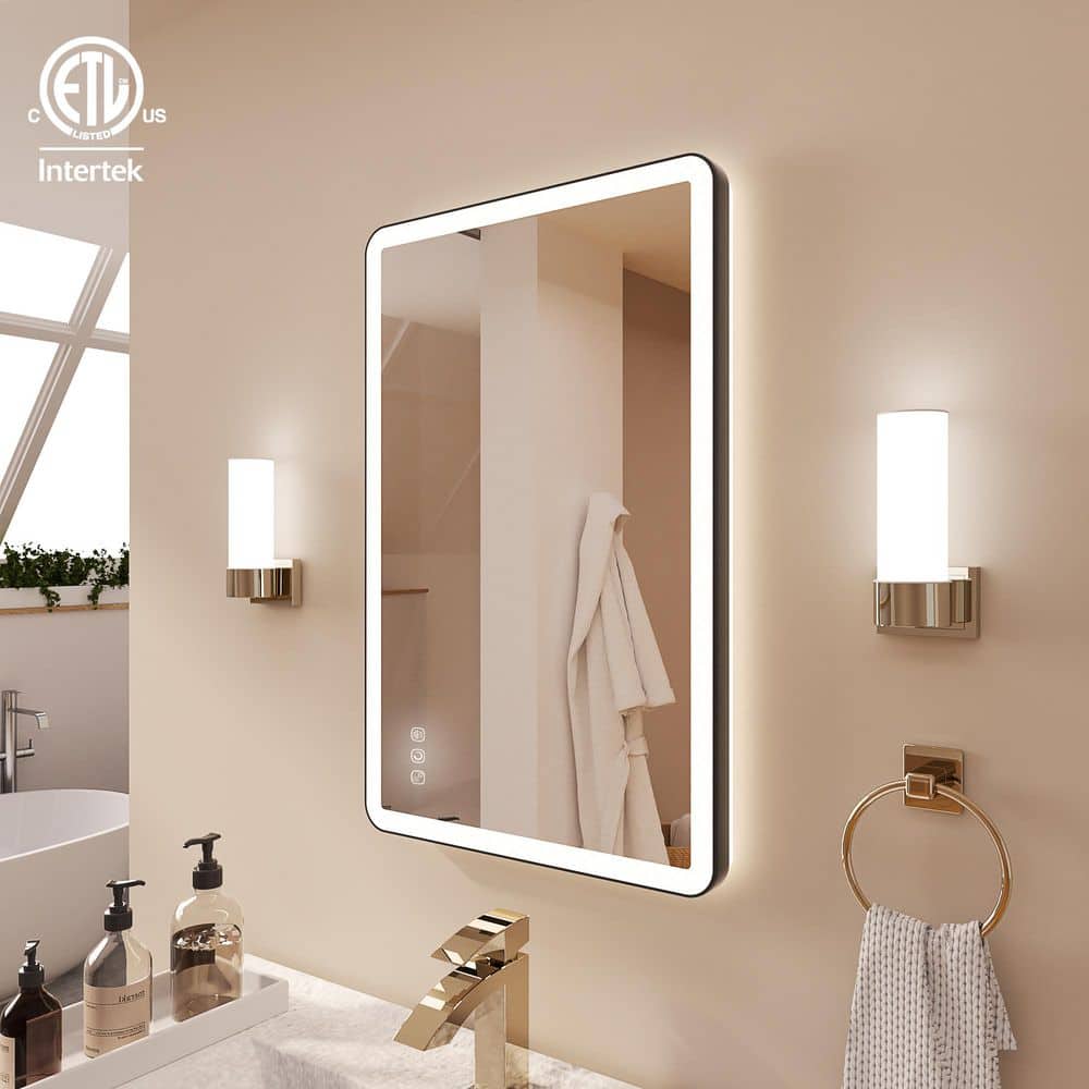 24 in. W x 16 in. H Rectangular Angle Rounded Framed Super Bright LED Wall Mounted Bathroom Vanity Mirror in Matte Black price history on PriceWatchPro