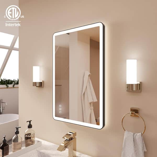 24 in. W x 16 in. H Rectangular Angle Rounded Framed Super Bright LED Wall Mounted Bathroom Vanity Mirror in Matte Black