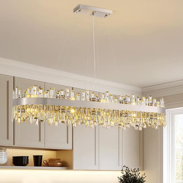 51.2 in. Dimmable 20-Light Crystal Chandelier Modern Satin Nickel Ellipse Chandelier with Clear Crystal Accents