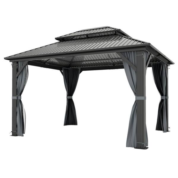 10 ft. x 12 ft. Aluminum Hardtop Gazebo, Galvanized Steel Top with Privacy Curtain and Mosquito Nettings for Patio