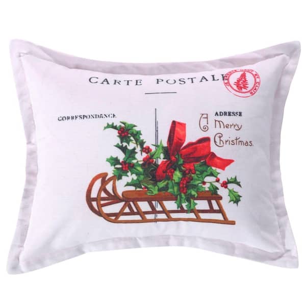 LEVTEX HOME Yuletide Red White Green Vintage Sleight Post Card Print 14 in. x 18 in. Throw Pillow