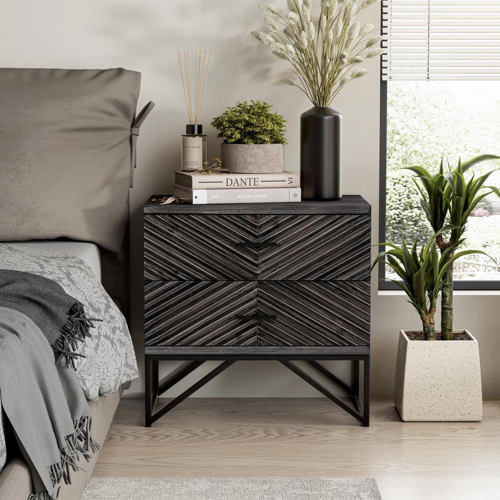 Distressed Black 2-Drawer Nightstand with Geometric Pattern and Metal Base