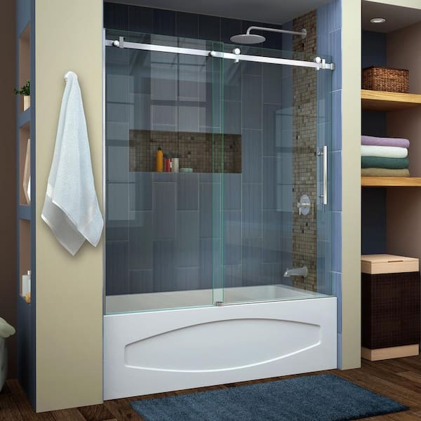 DreamLine Enigma Air 56 in. to 60 in. x 62 in. Frameless Sliding Tub Door in Brushed Stainless Steel