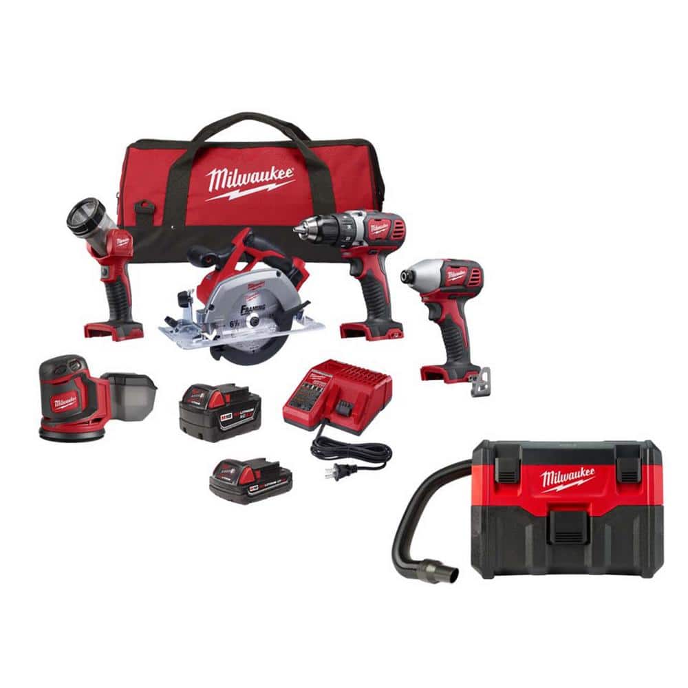 Milwaukee M18 18V Lithium-Ion Cordless Combo Kit (5-Tool) w/(2) Batteries, Charger & Bag w/M18 2 Gal. Wet/Dry Vacuum -  2696-25-0880