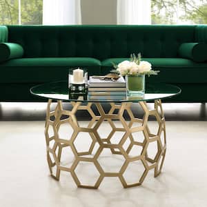 Shaffer 32 in. Gold Medium Round Glass Coffee Table with Glass Top