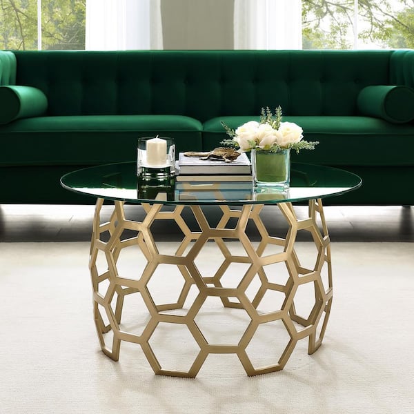 Inspired Home Shaffer 32 in. Gold Medium Round Glass Coffee Table with Glass Top