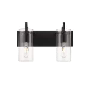 Press 16 in. 2-Light Matte Black Vanity Light with Clear Glass Shade