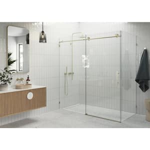 68 in. W x 78 in. H Rectangular Sliding Frameless Corner Shower Enclosure in Brass with Clear Glass