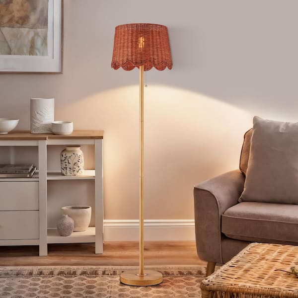 62.5 in. Faux Wood Farmhouse 1-Light Standard Floor Lamp with Rattan Shade for Living Room