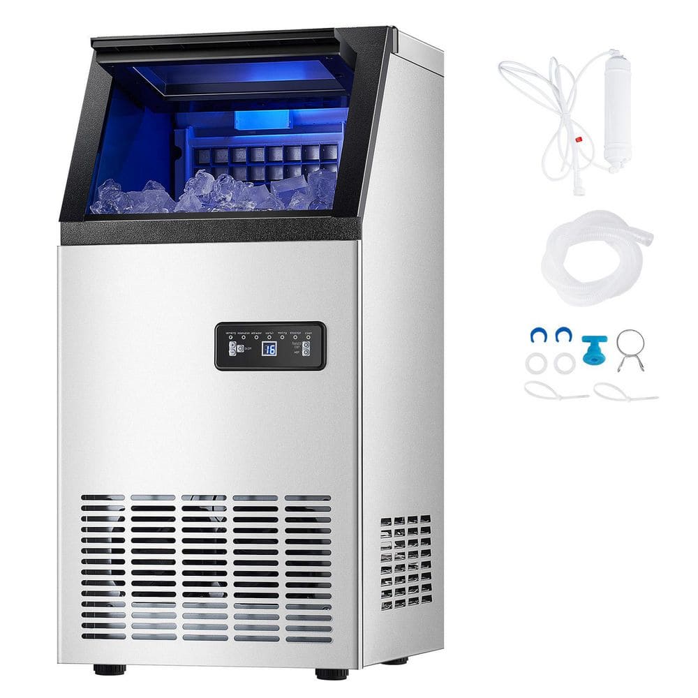 17 in. 80lbs./24H Commercial Ice Maker with 28lbs. Storage 36Cubes Full Size Cubes Freestanding LED,Self-Cleaning Silver