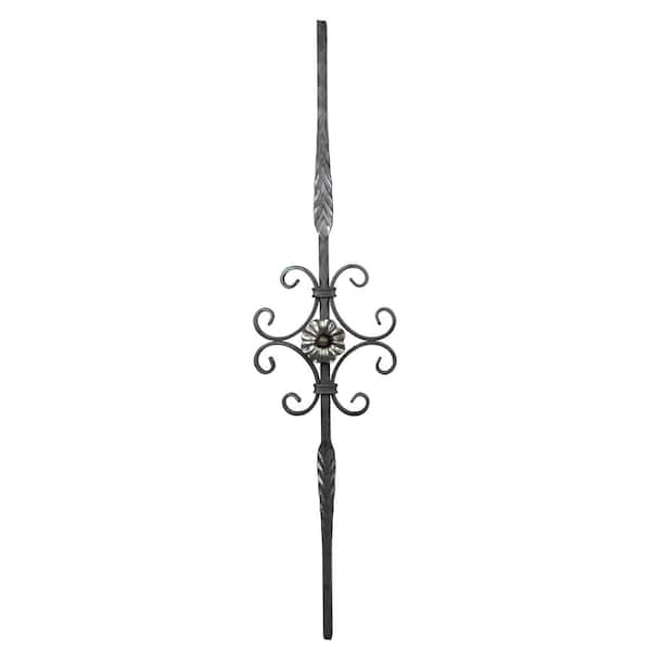 arteferro 35-7/16 in. x 1/2 in. Square Bar Stamped Scroll With Single Sided Floral Rosette Forged Raw Picket