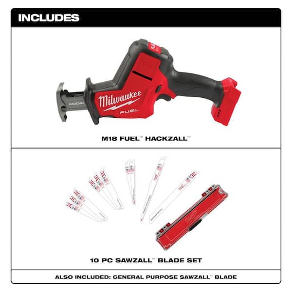 M18 FUEL 18V Lithium-Ion Brushless Cordless HACKZALL Reciprocating Saw with SAWZALL Bi-Metal Blade Set (10-Piece)