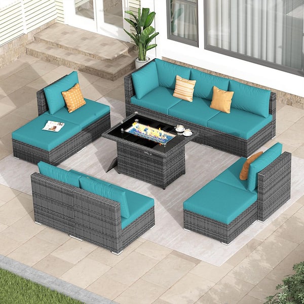 FINCATI 10-Piece Charcoal Wicker Patio Fire Pit Deep Sectional Seating Sofa Set with Teal Cushions with Ottomans