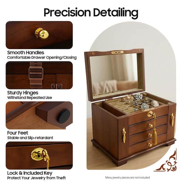 YIYIBYUS 4-Drawer Wooden Jewelry Box with Mirror and Lock OT-ZJGJ