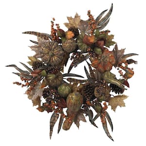 28in. Artificial Wreath with Autumn Pumpkins, Berries, and Feathers