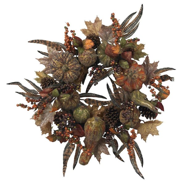 Nearly Natural 28in. Artificial Wreath with Autumn Pumpkins, Berries, and Feathers