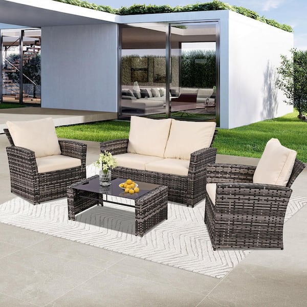 Unbranded Gray 4-Piece Wicker Outdoor Sofa Sectional Set Conversation Set with Beige Cushions and Tempered Glass Table