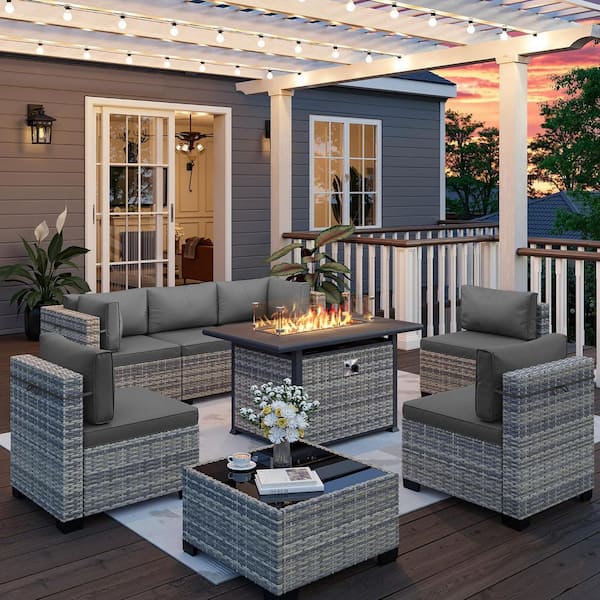 8-Piece Wicker Patio Conversation Set with 55,000 BTU Fire Pit Table and Glass Top Table with Gray Cushions