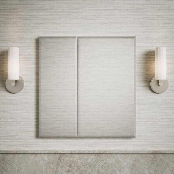 Double Door 25 in. W x 26 in. H x 5 in. D Aluminum Cabinet with Square Mirrored Door in Silver