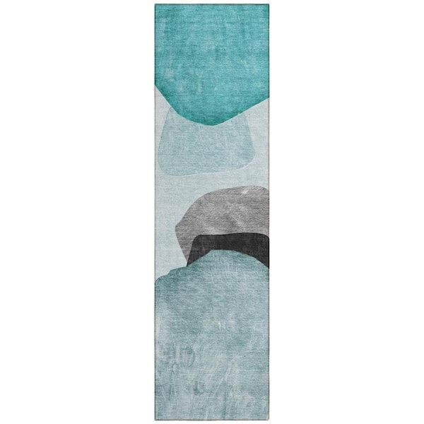 HomeRoots Ivory Teal and Gray 2 ft. x 8 ft. Woven Abstract Runner Indoor/Outdoor Area Rug
