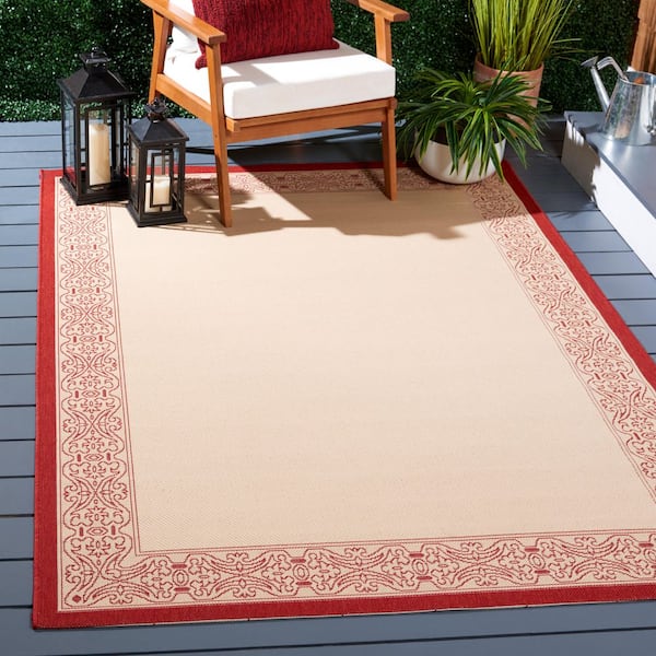 Courtyard Natural/Red 9 ft. x 12 ft. Border Indoor/Outdoor Patio  Area Rug
