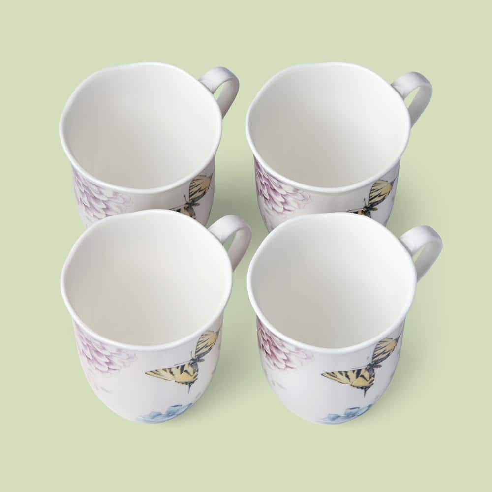 White Ceramic Butterfly and Hydrangea Graphic Detail Mug Set of Four