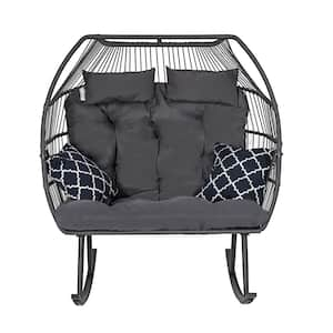 Outdoor Oversized PE Wicker Rocking Chair 2-Person Egg Chair Loveseat with Padded Gray Cushion