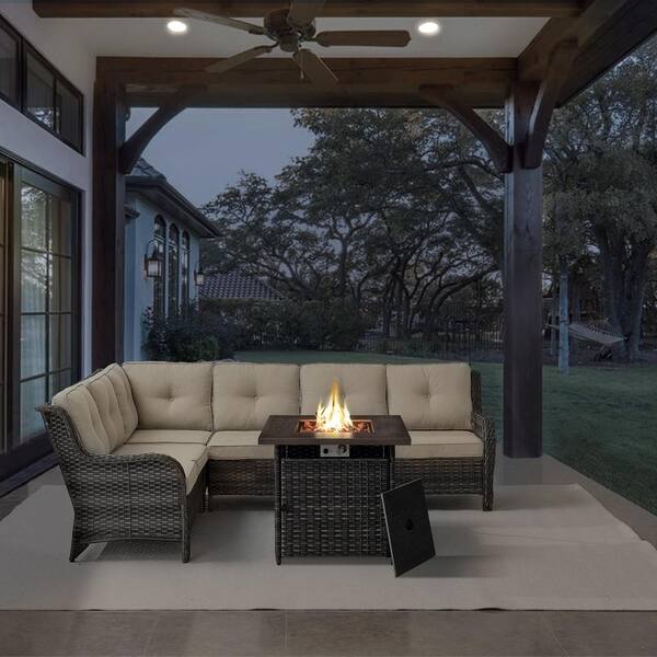 Gray 2-Piece Wicker Patio Fire Pit Set, Outdoor 6-Seater Sectional Seating Set with Olefin Beige Cushions