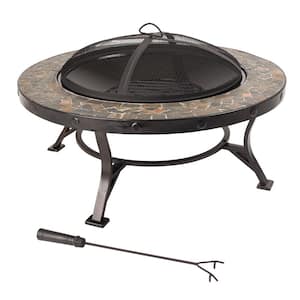Charlotte 34 in. x 20 in. Round Steel Wood Fire Pit in Slate with Cooking Grid