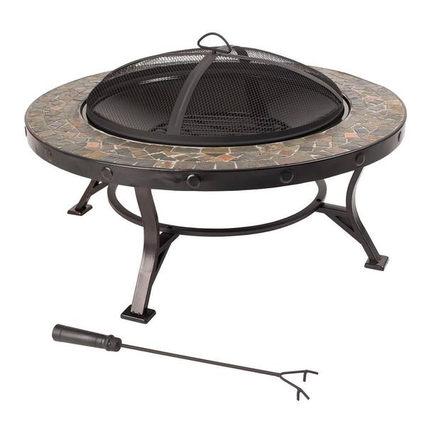Pleasant Hearth Charlotte 34 in. x 20 in. Round Steel Wood Fire Pit in Slate with Cooking Grid