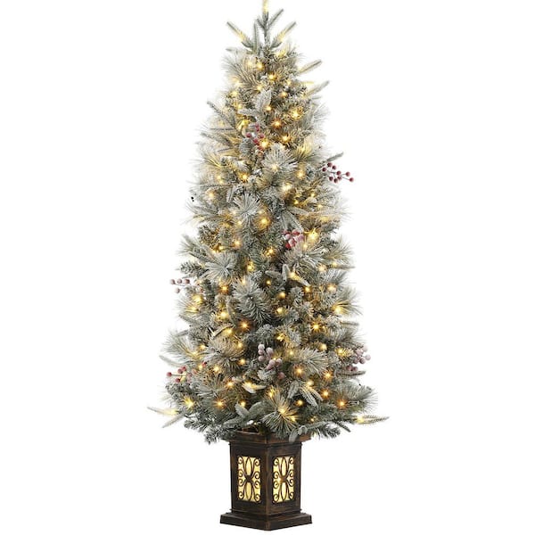 4.5 ft. Pre-Lit Artificial Christmas Tree 200 LED Lights, Snow Flocked, Berries, Antique Urn Base, Holiday Decor 1-Piece
