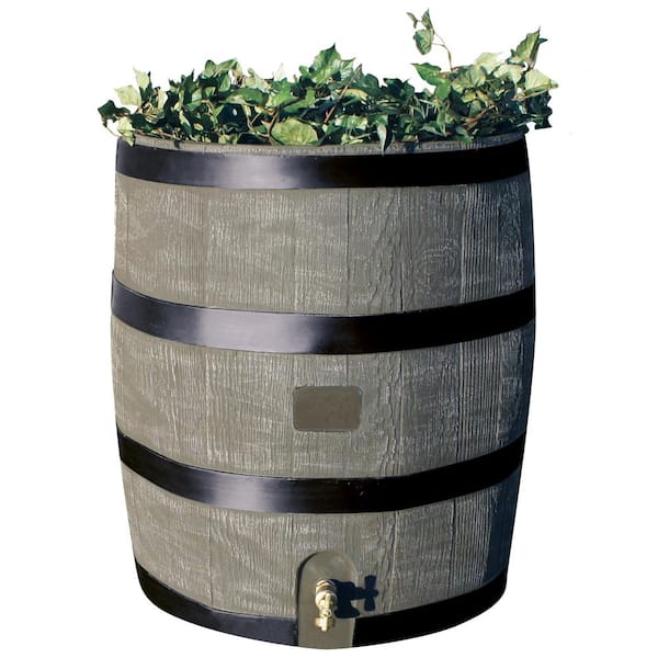 RTS Home Accents 35 Gal. Rain Barrel with Planter Woodgrain with Black Stripes Colour with Brass Spigot