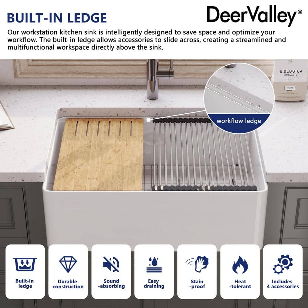 White Fireclay Single Basin Farmhouse Workstation Kitchen Sink