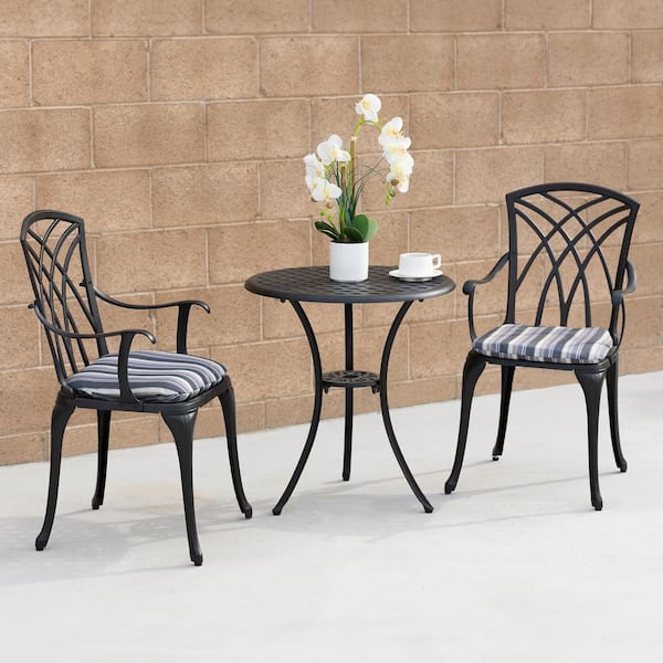 Kinger Home 3-Piece Cast Aluminum Round Outdoor Dining Patio Bistro Table Set in Black with Coastal Cushions